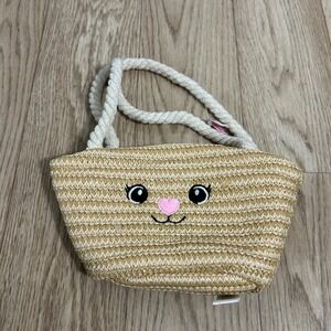 Carried Away Straw Tote Kids OS Tan Embroidered Cat Face Rope Handle NEW